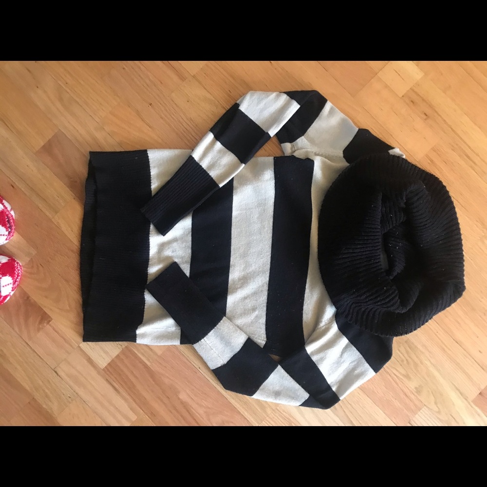 Tan and black striped cowl-neck sweater